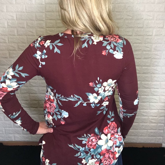 SOFT Burgundy Floral Caged Neck Long Sleeve Top - Picture 2 of 4